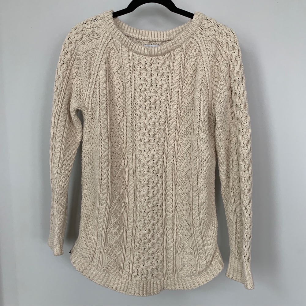 L.L. Bean Signature 100% Cotton Cream Cable Knit Sweater w/Side Zipper Size M